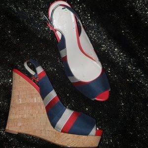 Nine West Red, Silver and Blue Peep Toe Wedges